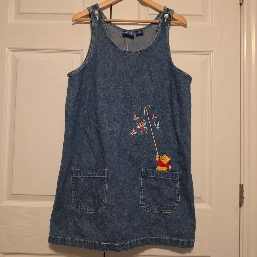 Vintage Winnie the Pooh Disney Piglet Embroidered Denim Jumper Dress Blue Large